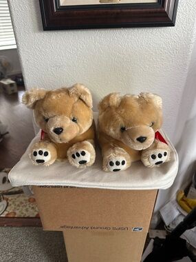 Plush Twin Teddy Bear - Light Brown Bears with Red Bows Slippers
